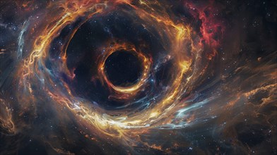 A vivid black hole surrounded by swirling, fiery cosmic gases and bright lights, AI generated