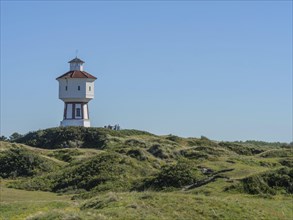 A lighthouse stands on a grassy hill under a blue sky, the atmosphere is peaceful and calm, water