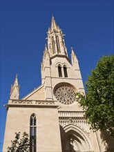 Gothic church facade with detailed rose window in front of a bright blue sky, palma de Majorca with