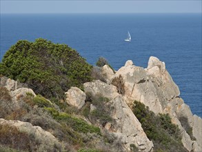 Rocks on the coast with a sailing boat in the background on the sea, Corsica, Ajaccio, France,