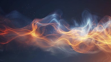 Abstract design with blue and orange smoke illuminated against a dark background with glowing