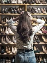 A woman stands at home completely overwhelmed in front of her bulging shoe rack and can't make up
