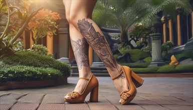 Woman shows leg tattoos, wears orange high heels and stands in an exotic, green environment, AI