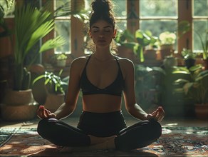 Eine Frau sitzt meditierend im Lotus-Sitz in einem Raum mit vielen Pflanzen und natuerliches Licht,