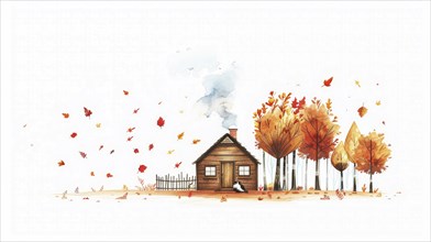 A small house surrounded by autumn trees with falling leaves and smoke from the chimney creating a