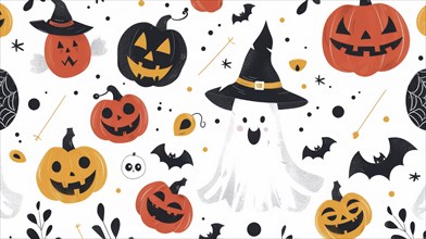 Halloween illustrations with pumpkins, ghosts, bats, witches' hats, and spiderwebs in orange and