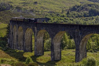 An old train crosses an impressive stone viaduct bridge stretching over a wooded glen under a clear