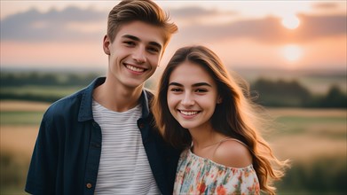 Two smiling teenagers, girl and boy with Caucasian look outside in summer, brother and sister,