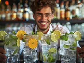 Bartender mixes cocktails in an elegant hotel, AI generated