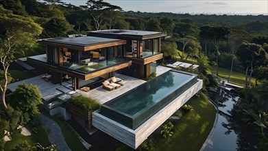 Luxurious wooden house with swimming pool reflecting the opulence of billionaires nestled in
