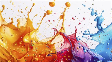 Energetic splashes of orange, blue, red, and yellow paint creating a vibrant abstract scene, AI