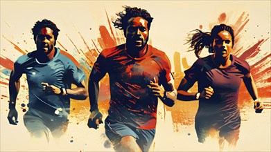 Abstract vintage grungy poster of a group of running athletes, AI generated