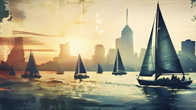 Vintage grungy poster of sailboats with sunset and cityscape in background, AI generated