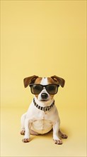 A tiny dog is wearing sunglasses while sitting on a yellow background. Summer concept, IA