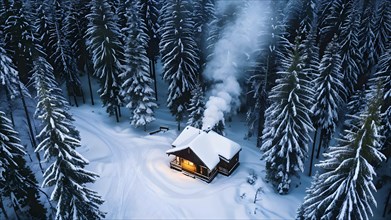 Snowy pine forest encapsulates a wooden cabin, aerial view, AI generated