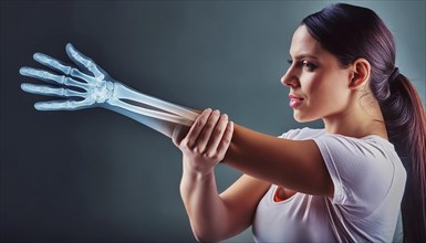 A woman holds her arm, shown in an X-ray image with visible bone structures, AI generated, AI