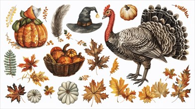 A turkey with assorted pumpkins, leaves, and a witch hat during fall season, AI generated