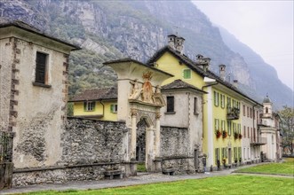 Beautiful and Elegant Old Houses with Mountain in Valle Maggia, Cevio, Ticino, Switzerland, Europe