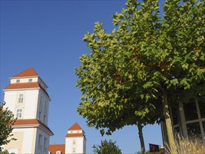 White buildings with red roofs and green trees stand under a clear blue sky in the sunshine,