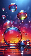 Iridescent bubbles and liquid droplets contained within glistening with an oil like sheen floating,