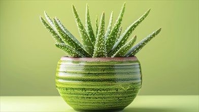 Aloe vera plant in a green pot with a light green background, creating a fresh and calming