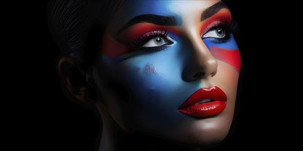 Side view portrait of a woman with red lips and blue eye shadow, AI generated
