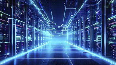 Server racks aligned in rows within a cloud computing data center background and data streams