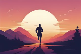 Illustration of a running athlete silhouette in calm harmony bathed in the breathtaking palette of