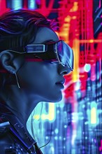 Portrait of a woman with data goggles displaying intricate streams of digital information against