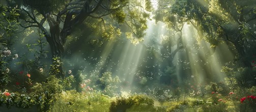 A vibrant, lush forest filled with blooming flowers and bathed in magical beams of sunlight