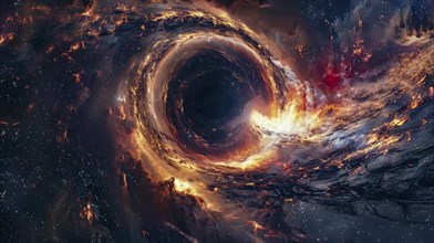 A fiery black hole swirling with orange and blue hues, surrounded by stars and a dark, mysterious