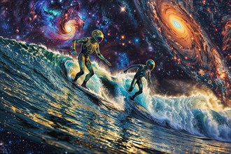 Aliens, two surfers riding a wave against the backdrop of a vibrant cosmic vortex, AI generated, AI