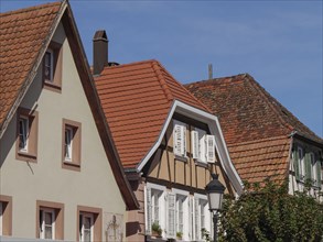 Historic half-timbered houses with floral decorations in Alsace, Wissembourg, France, Europe