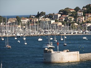 View of a harbour with numerous sailing boats in front of a coastal town, la seyne sur mer, france
