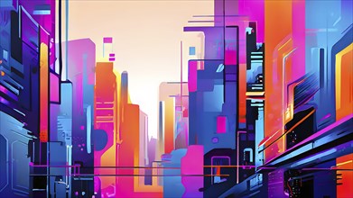 Abstract digital painting of a futuristic city scape with geometric shapes and vibrant neon colors,