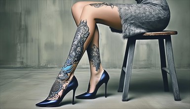 Woman sitting on a stool, showing tattooed legs in high-heeled black shoes and a grey dress, AI