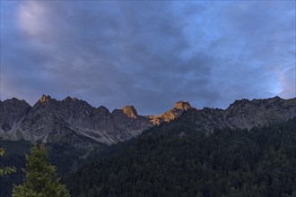 Early morning sun on the Allgaeu mountains, Hinterstein, Bad Hindelang, Bavaria, Germany, Europe
