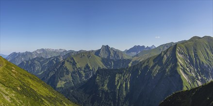 Panorama from Wildengundkopf, 2238m to Hoefats 2259m, Allgaeu Alps, Allgaeu, Bavaria, Germany,