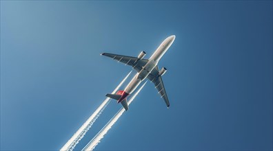 Plane flying in the sky. Passengers and tourists go travelling on vacation, AI generated