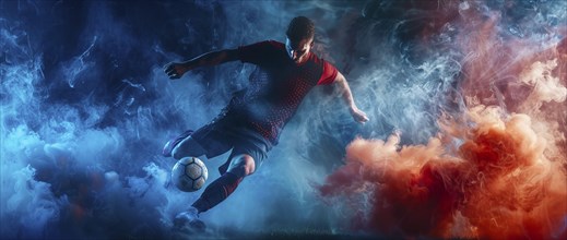 Soccer football forward player jumping and attacking the field for goal, AI generated