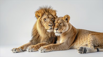 Male and female lions lying together, portraying strength, intimacy, and companionship, AI