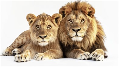Two majestic lions lying together, staring intently, highlighted with their powerful presence