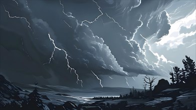 Illustration of a apocalyptic thunderstorm with end of the world scenario featuring lightning