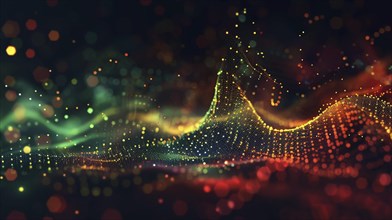 Colorful abstract digital art featuring bokeh dots and waves on a black background, AI generated