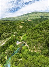 Panorama of The Blue Eye from a drone, Muzine, Finiq, Albania, Europe