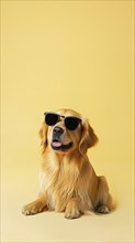 A Golden Retriever is wearing sunglasses while sitting on a yellow background. Summer concept, IA
