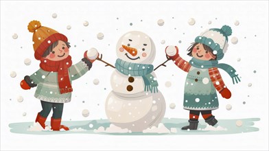 Two children having fun building a snowman and engaging in a snowball fight, in a playful winter