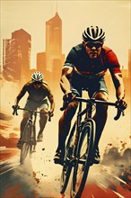 Abstract vintage grungy poster of a group of cyclists, AI generated