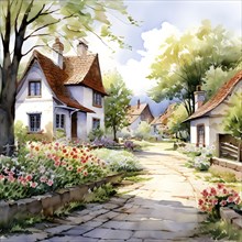 Watercolor depiction of a village in spring with blooming flower, AI generated