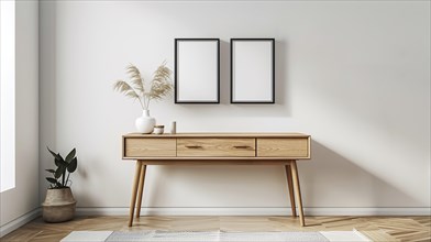 Two blank picture frames on a wall above a scandinavian console. Artwork mockups in interior